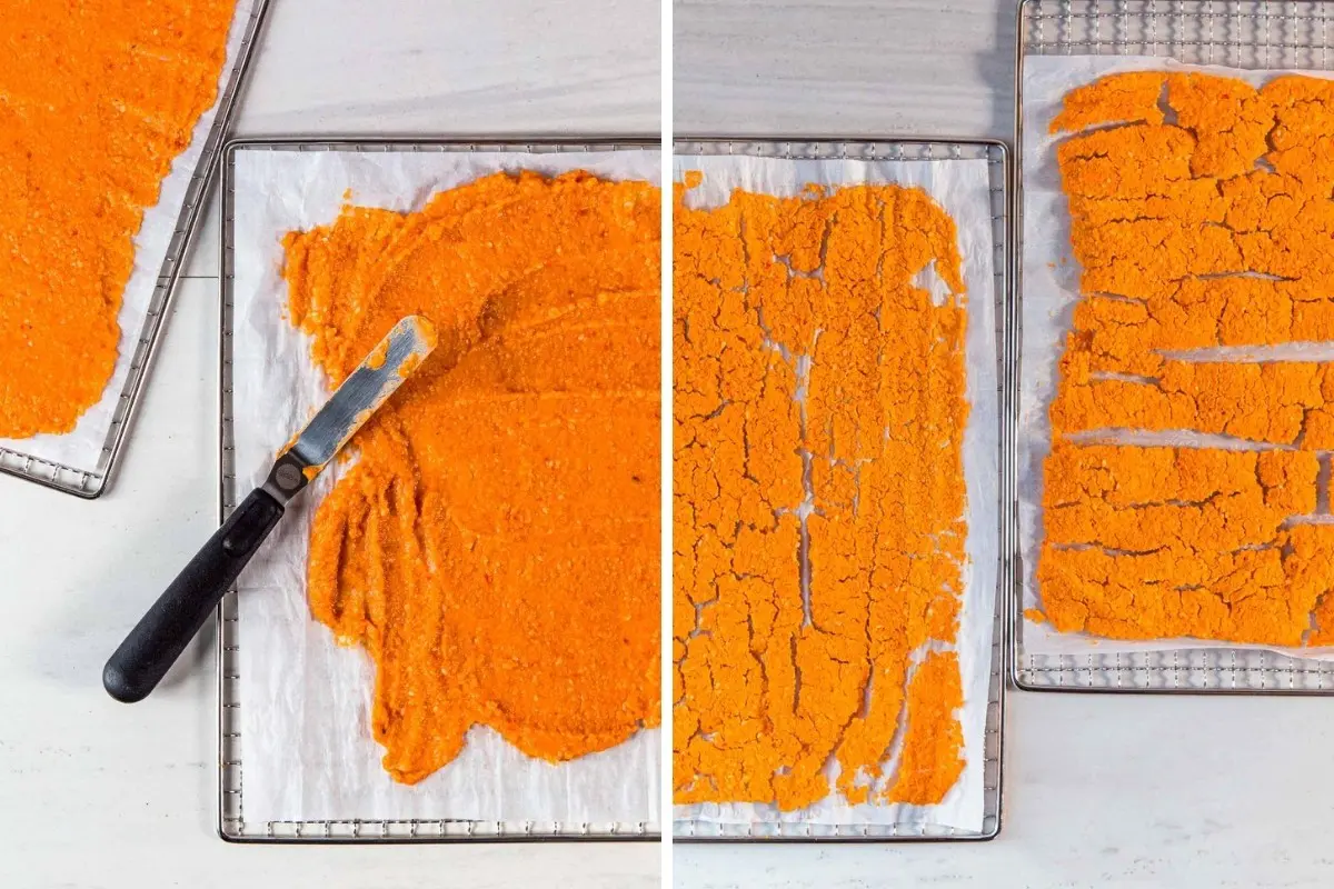 Image 1: Hummus spread on a dehydrator sheet with an offset spatula. Image 2: Dehydrated hummus on sheet