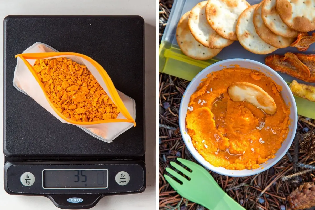 Image 1: Dehydrated hummus in a bag on a scale reading 35g. Image 2: Prepared hummus on a trail