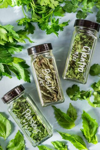 Dried herbs in glass jars