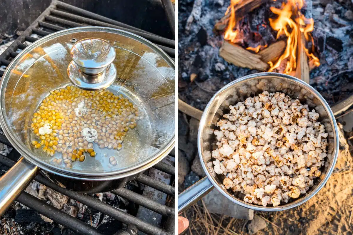 Popcorn kernels in a pot.
