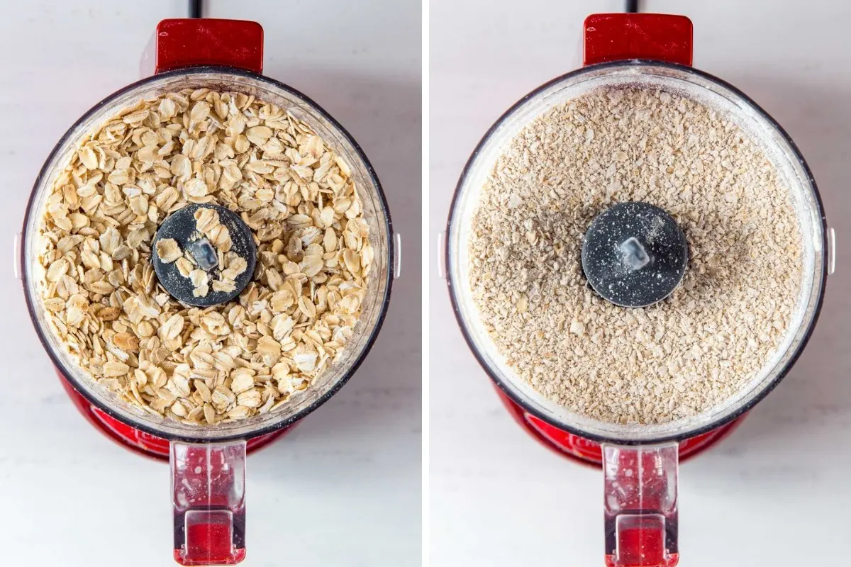 Image 1: Rolled oats in a food processor. Image 2: Pulverized oats in a food processor.