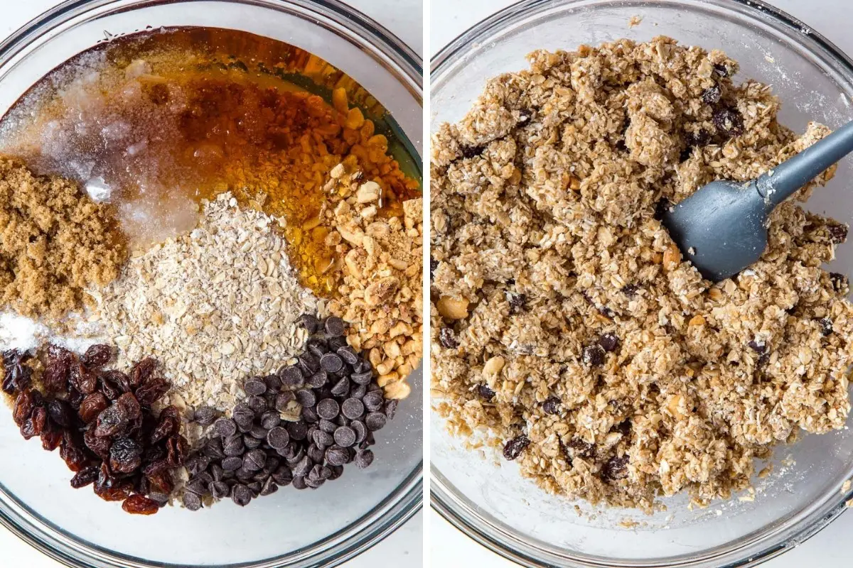 Image 1: Granola bar ingredients in a mixing bowl. Image 2: Ingredients combined in the bowl.