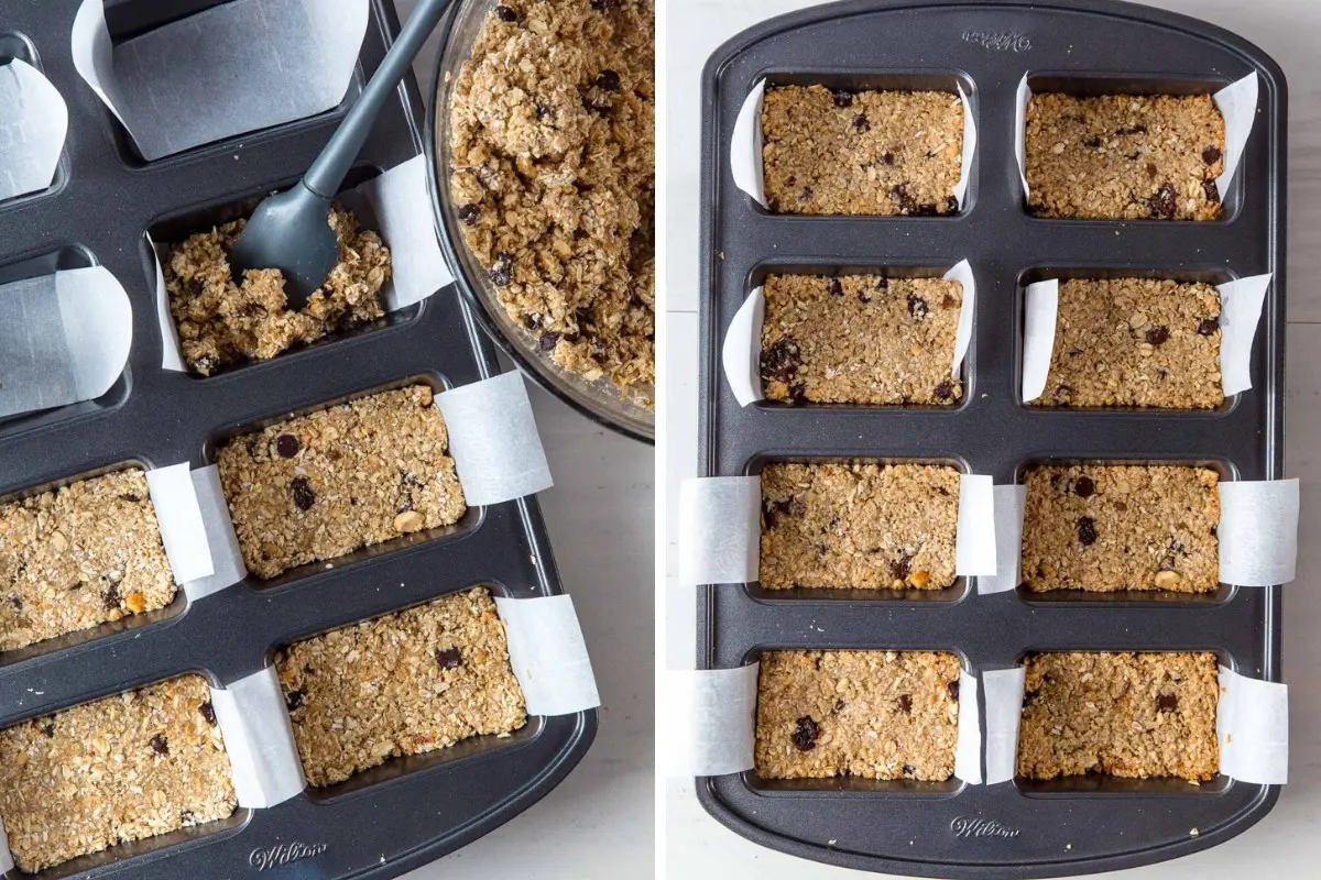 Image 1: Filling a mini loaf pan with granola bar mixture. Image 2: Granola bars baked until golden on top.