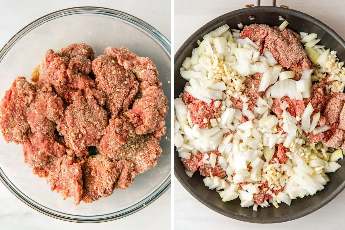 Left: Bread crumbs mixed into ground beef. Right: Ground beef, diced onion, and minced garlic in a skillet