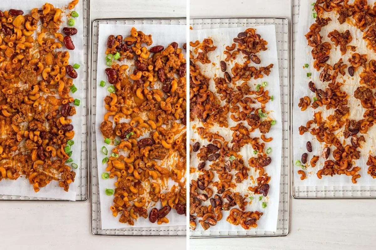 Left: Chili mac on dehydrator trays. Right: Chili mac that has been dehydrated.