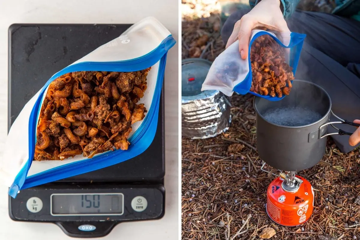 Left: 150g chili mac in a bag on a scale | Right: Megan pouring chili mac from a bag into a pot