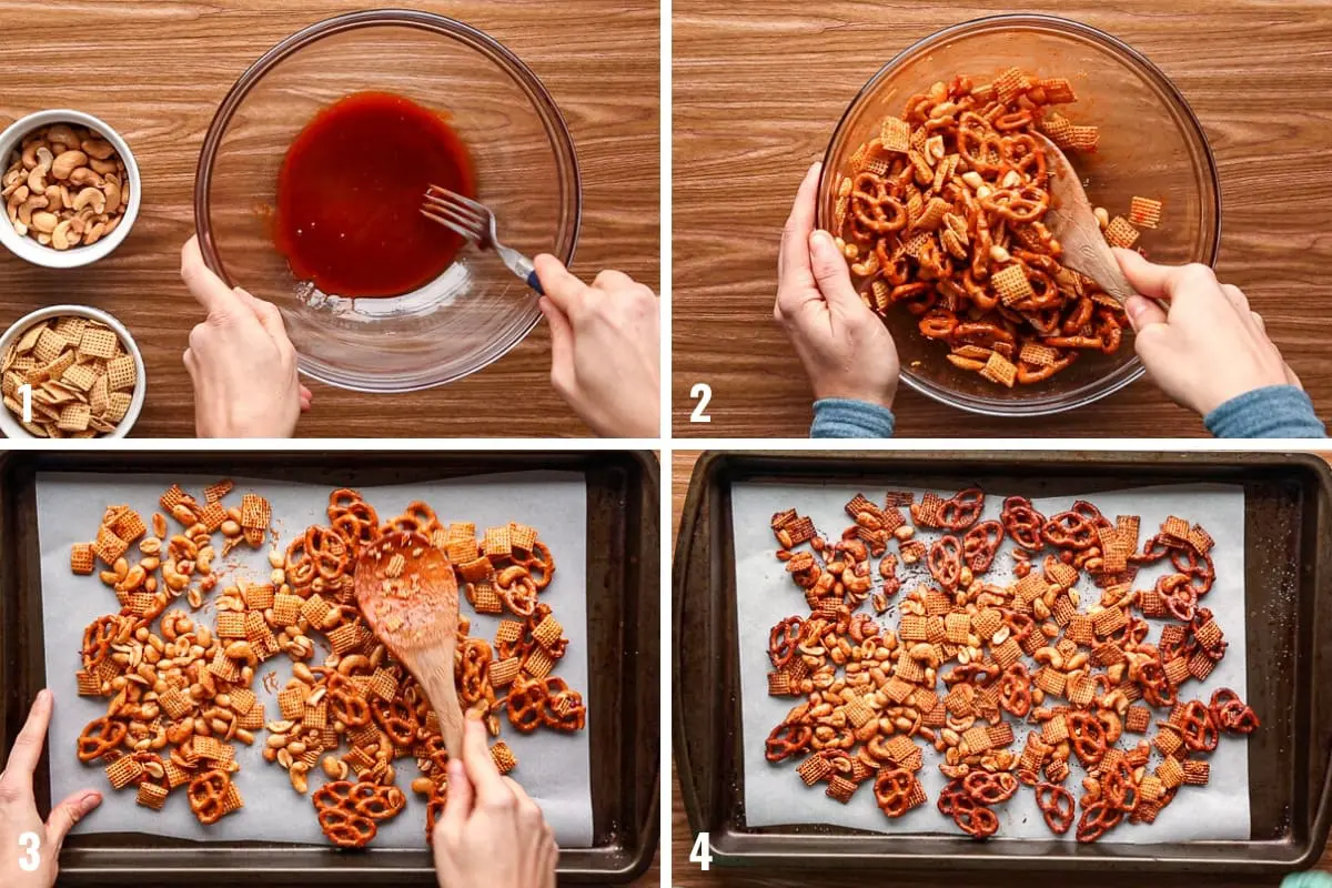 Step by step photos illustrating how to make Sriracha trail mix