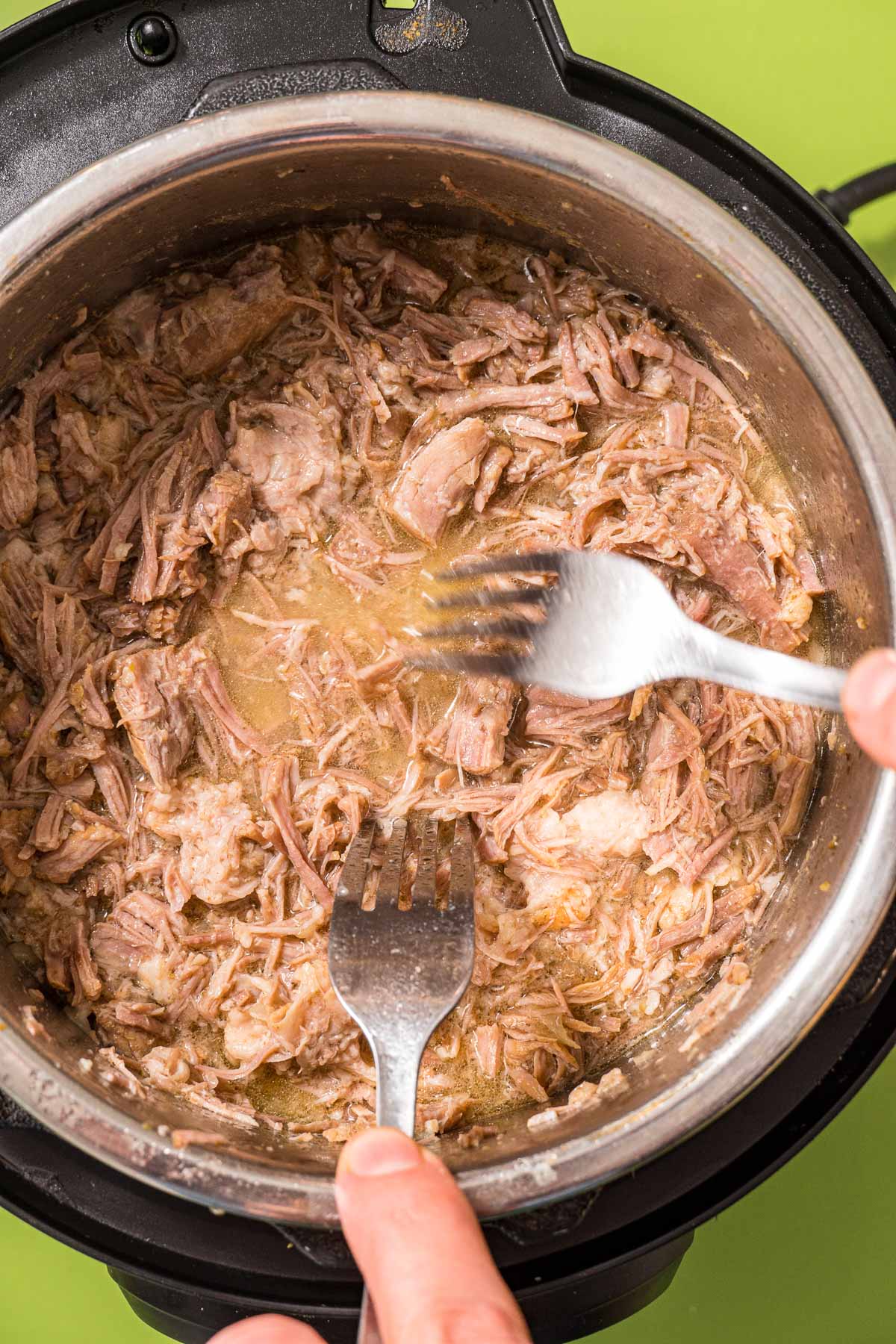 Using two forks to shred cooked carnitas in the instant pot.