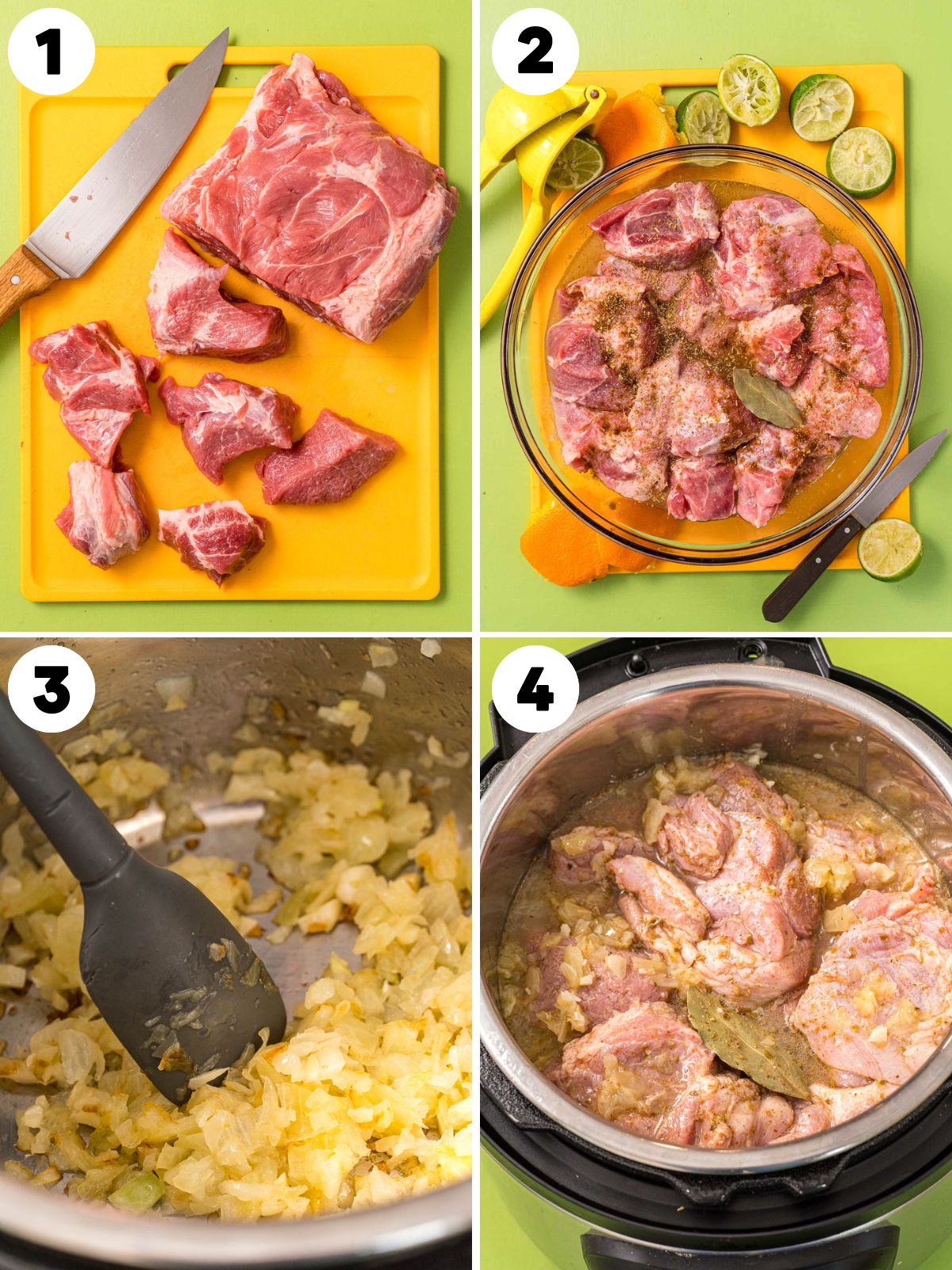 Step by step photos of preparing instant pot carnitas. 1. Cutting pork 2. Marinating the pork in citrus juice 3. Sauteeing oniosn in the instant pot. 4. Adding pork and marinade to instant pot.