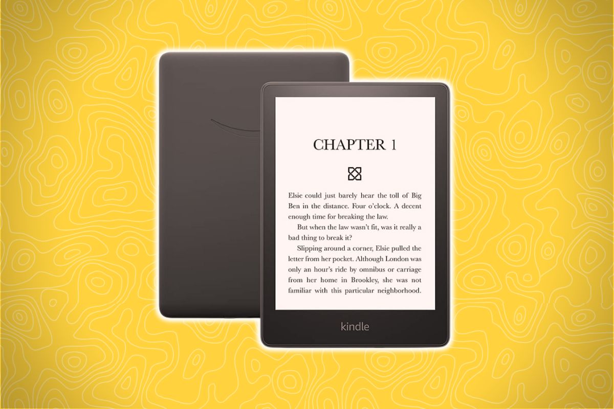 Two Kindle e-readers on a yellow patterned background; one shows a book page, the other shows the device’s back.
