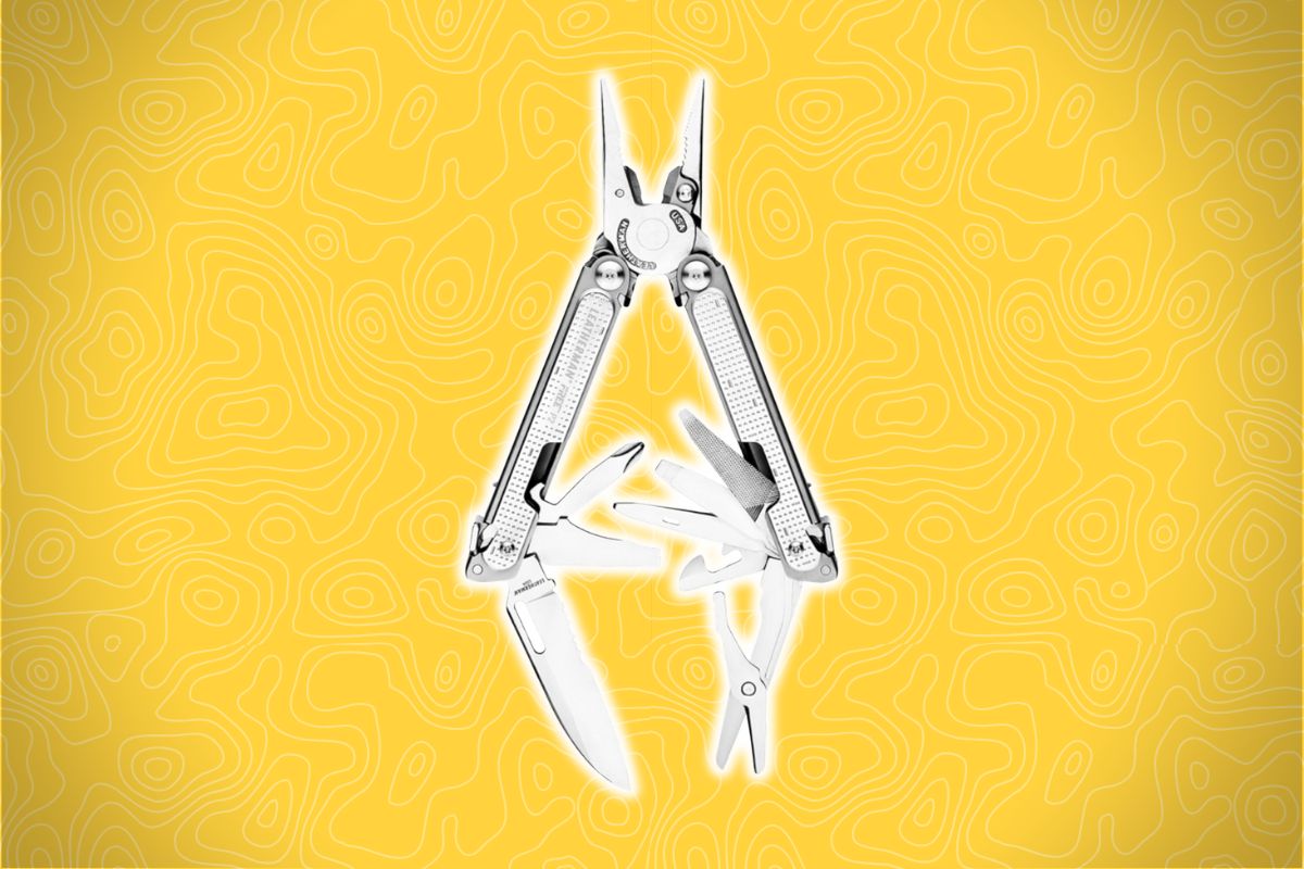An open multitool showing pliers, a knife, and other fold-out tools on a yellow background with a faint topographic pattern.