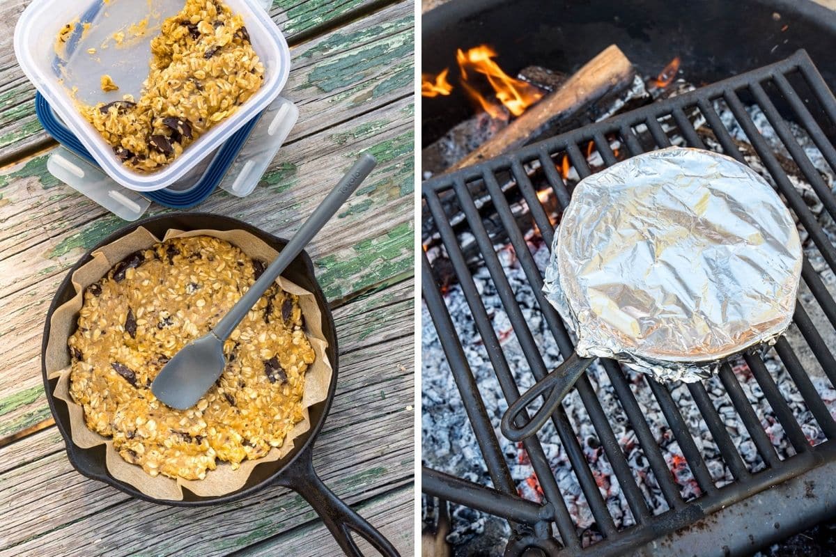 Photo 1: Cookie dough in a skillet. Photo 2: A skillet covered in foil over a campfire.