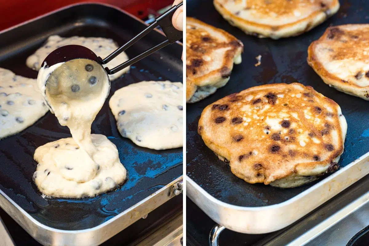 Left: Adding pancake batter to a skillet. Right: Golden brown pancakes in a skillet.