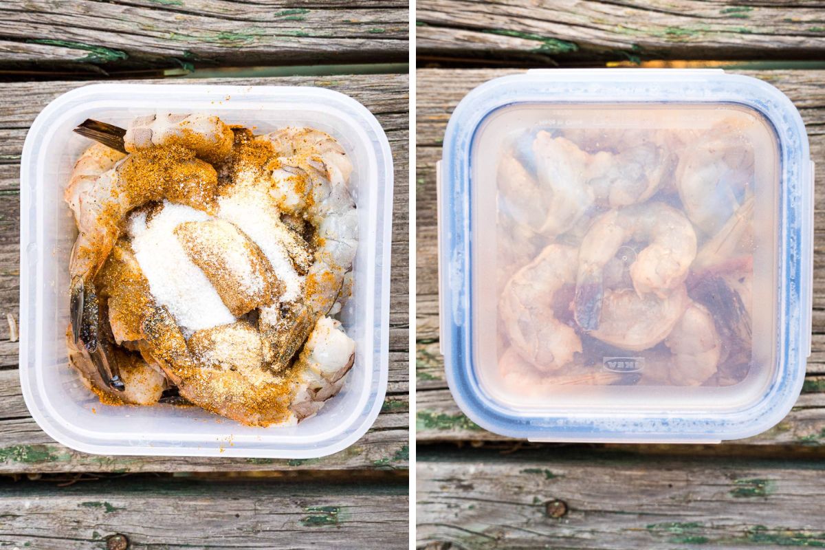 Marinating shrimp in a food storage container