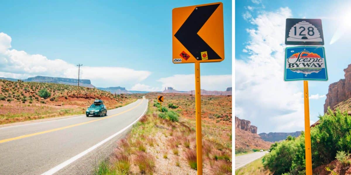 Left: A green car on a desert highway. Right: Signs for the 128 Scenic Byway