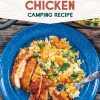 Pinterest graphic with text overlay reading "One skillet Moroccan spiced chicken camping recipe"