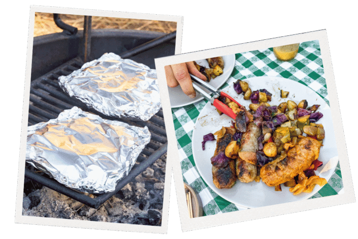 Two photos: foil packets on a grill over flames; plate with sausages, potatoes, and vegetables on a green checkered tablecloth.