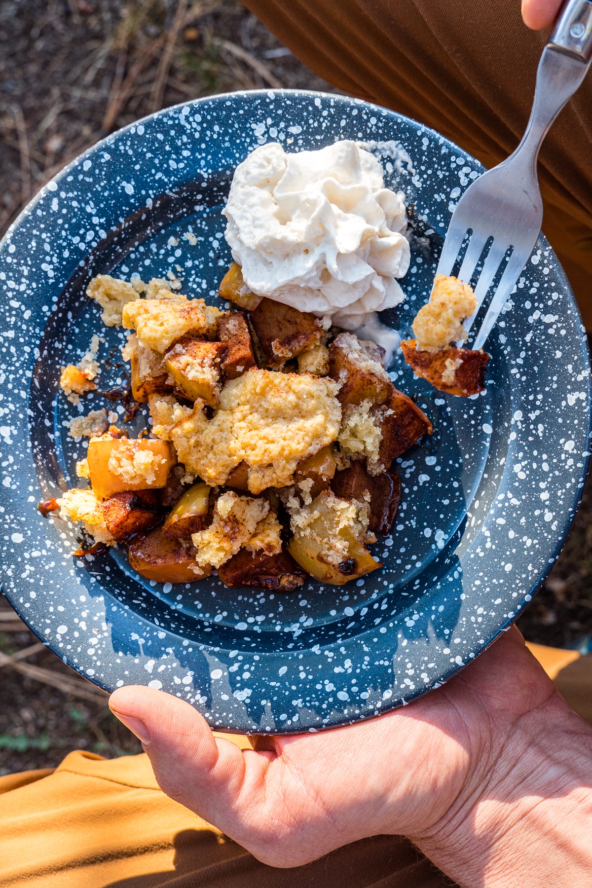Apple cobbler on a blue plate with whipped cream