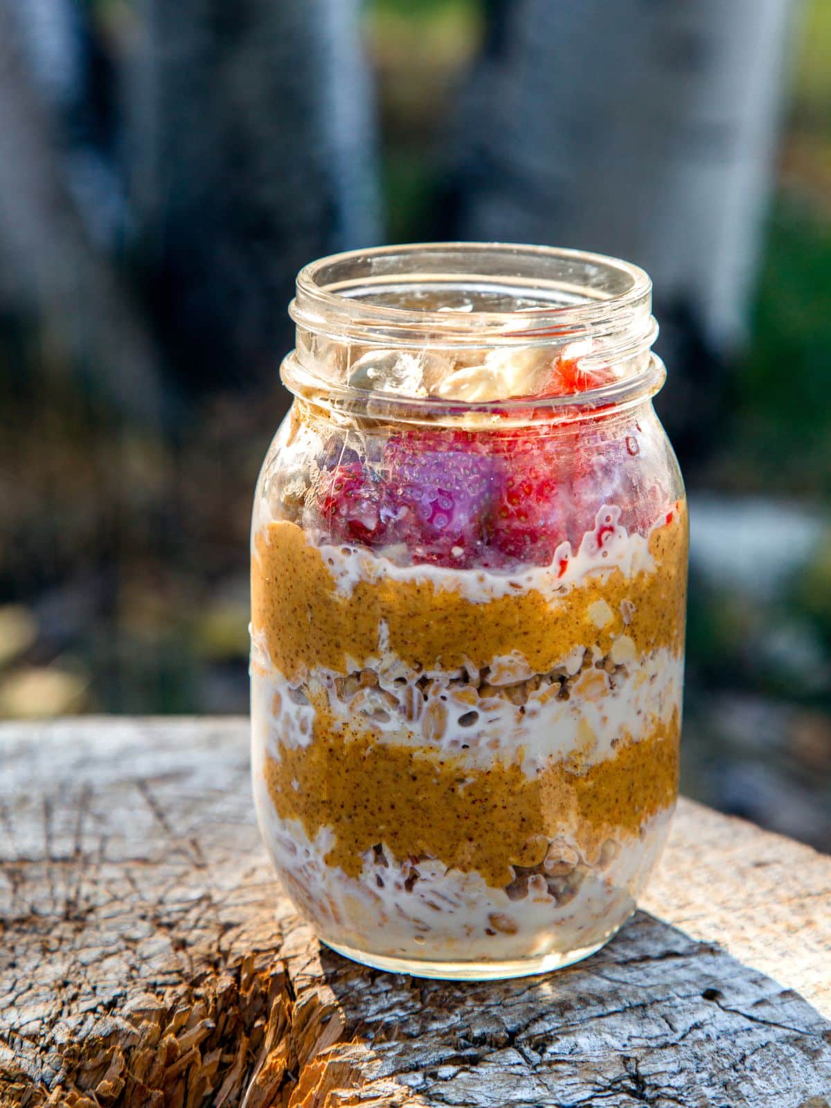 Overnight oats in a glass jar.