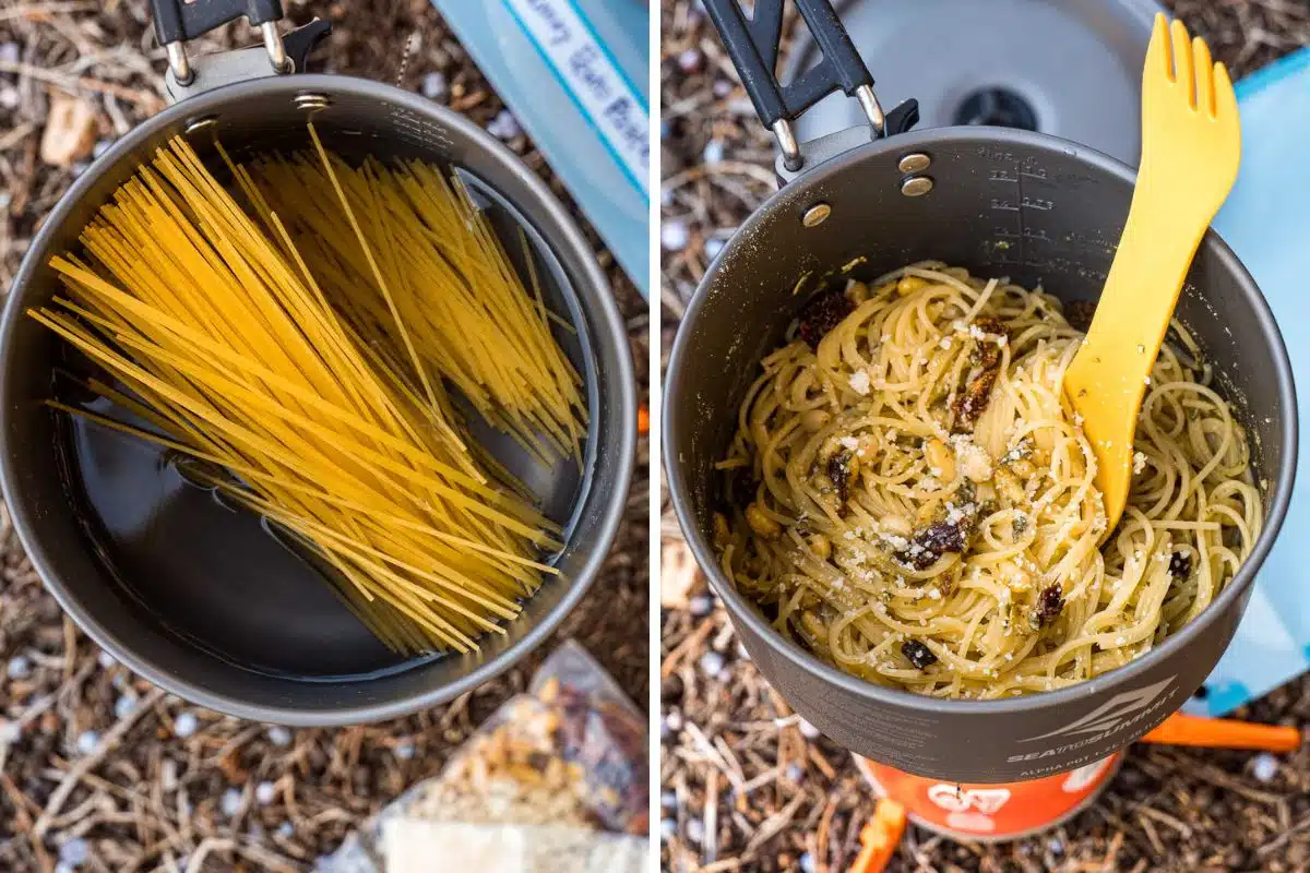 Left: Angel hair pasta in a backpacking pot. Right: Cooked pasta in a pot with cheese and seasonings.