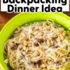 Pinterest graphic with text overlay reading "Creamy Pesto Pasta Backpacking Dinner Idea".