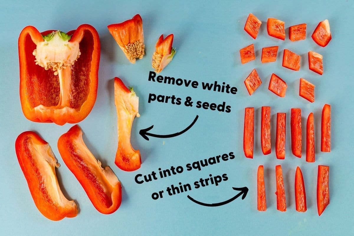 Image of how to cut bell peppers with text reading "Remove while parts and seeds" and "Cut in squares or thin strips"