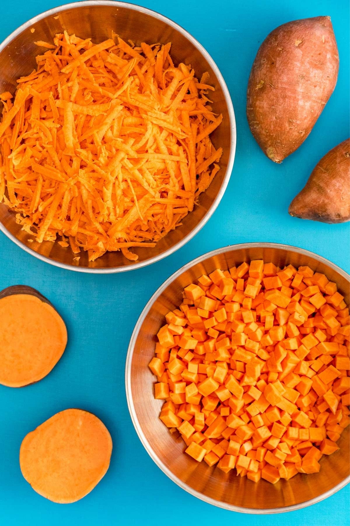 Sweet potato shreds and diced sweet potatoes in bowls