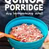 Pinterest graphic with text overlay reading "Raspberry coconut quinoa porridge DIY backpacking meal"