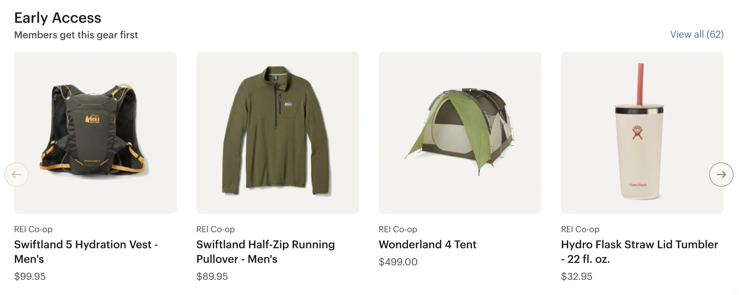 Product tiles of gear available to REI members
