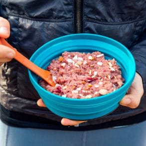 Woman holding a blue bowl full of raspberry quinoa porridge.