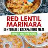 Pinterest graphic with text overlay reading "Red lentil marinara dehydrated backpacking meal"