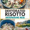 Pinterest graphic with text overlay reading "Dehydrated risotto backpacking meal"