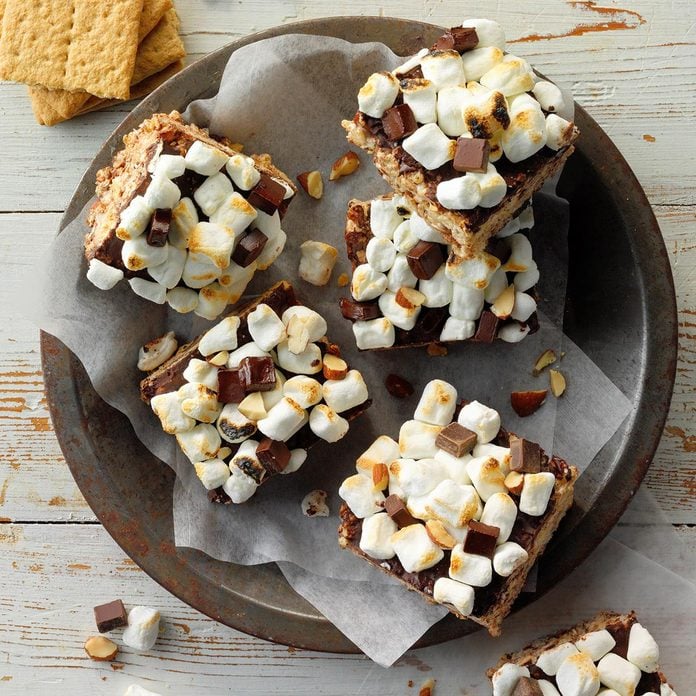 Rice Krispies Treats topped with toasted marshmallows.