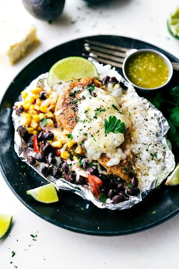 Chicken, rice, black beans, and verde sauce.