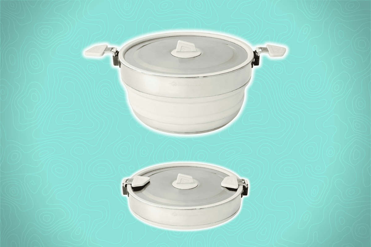 Two silver metal pots with lids and handles are on a light turquoise background with wavy lines; one pot is upright, one viewed from above.