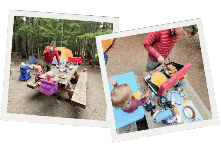 Two photos: a family at a picnic table near a tent, and an adult cooking on a portable stove with a child watching.