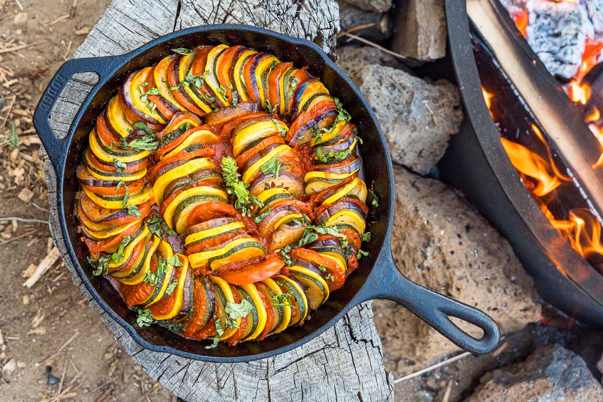 Ratatouille in a frying pan on a stump