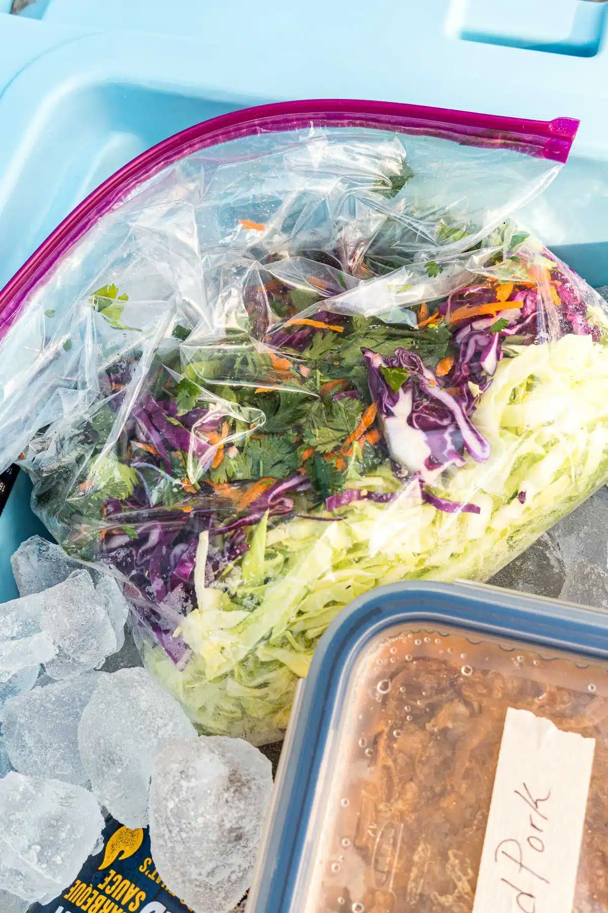A bag of coleslaw in a cooler of ice.