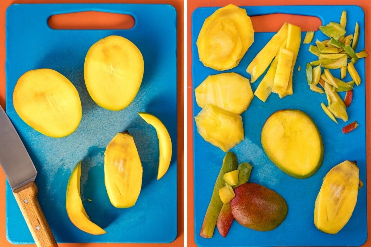 Mango sliced on a blue cutting board