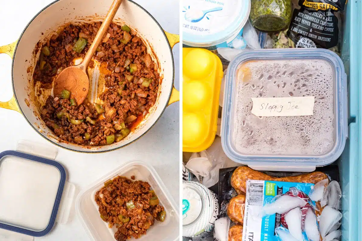 Left: Sloppy joe filling in the process of being transferred to an airtight container to store for use later on. Right: Sloppy joe filling stored in a cooler. 
