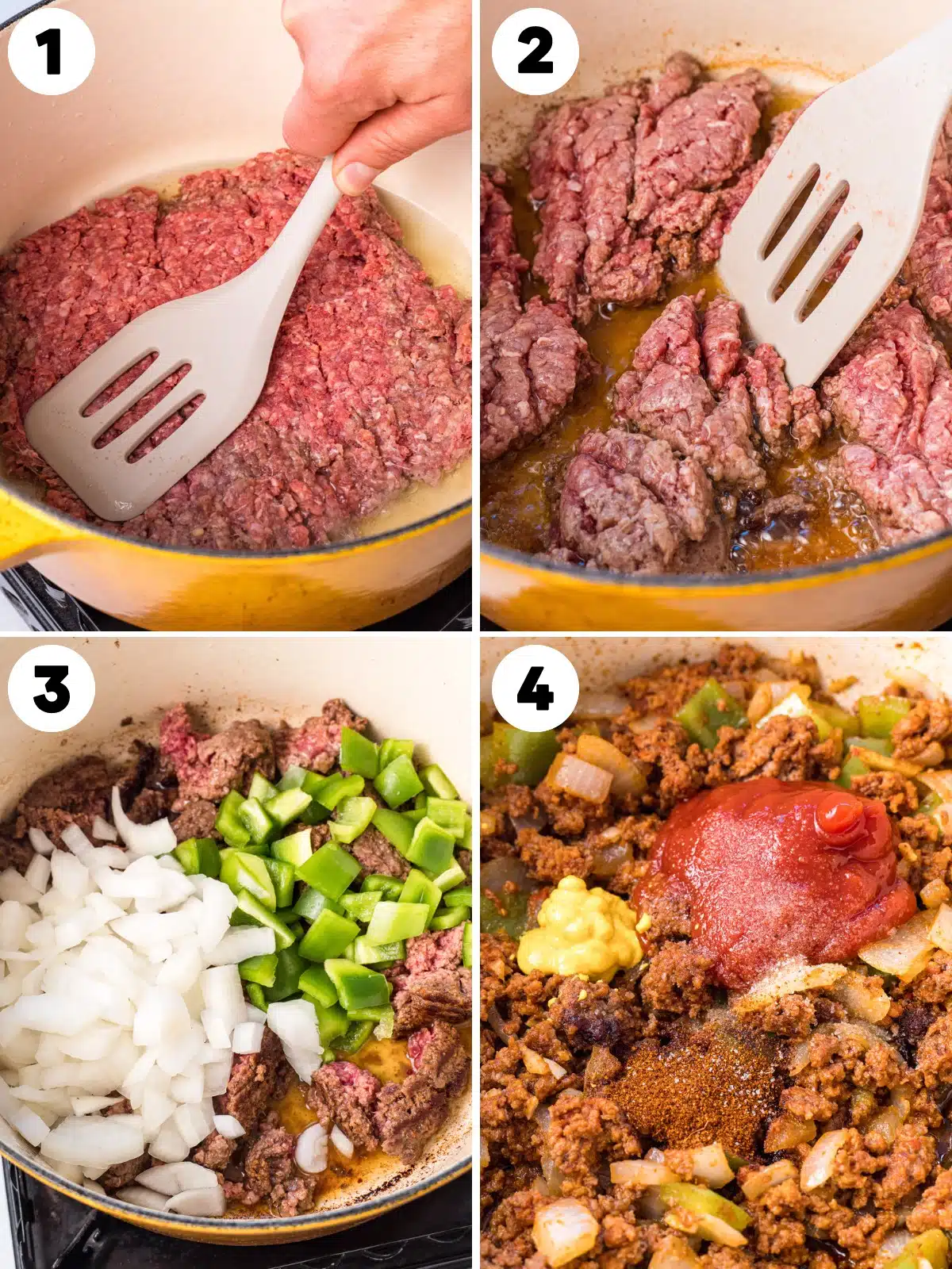 Top left: Ground beef begins to be browned in a pot for sloppy joes.
Top right: Ground beef browned in a pot.
Bottom left: Chopped onion, chopped green bell pepper, and ground beef cooking in a pot.
Bottom right: Ingredients for sloppy joes cooking in a pot including the cooked ground beef and vegetables plus ketchup, mustard, chili powder, and more.