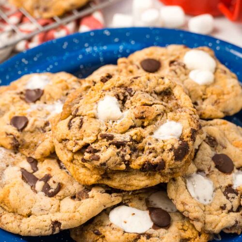 S’mores cookies on a blue plate with marshmallows and a hot drink in the background.