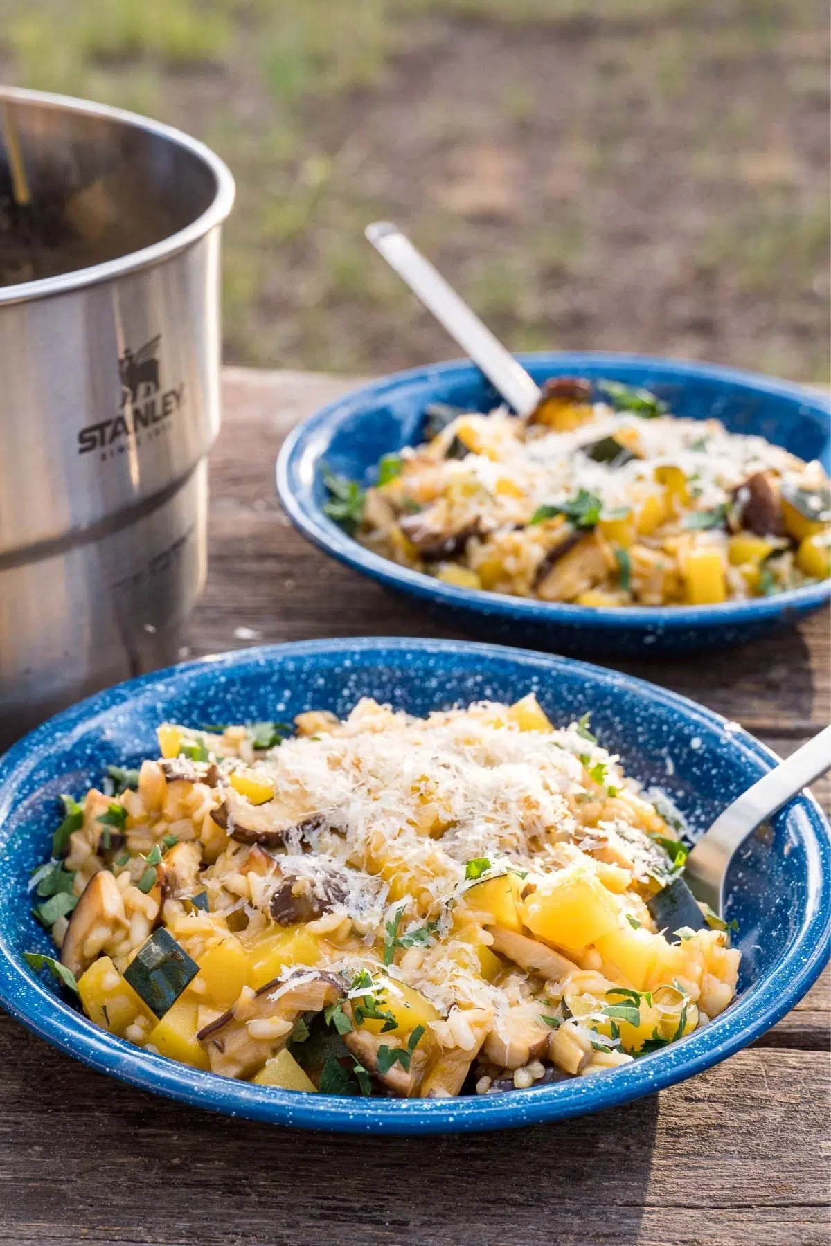 Two blue bowls filled with squash risotto