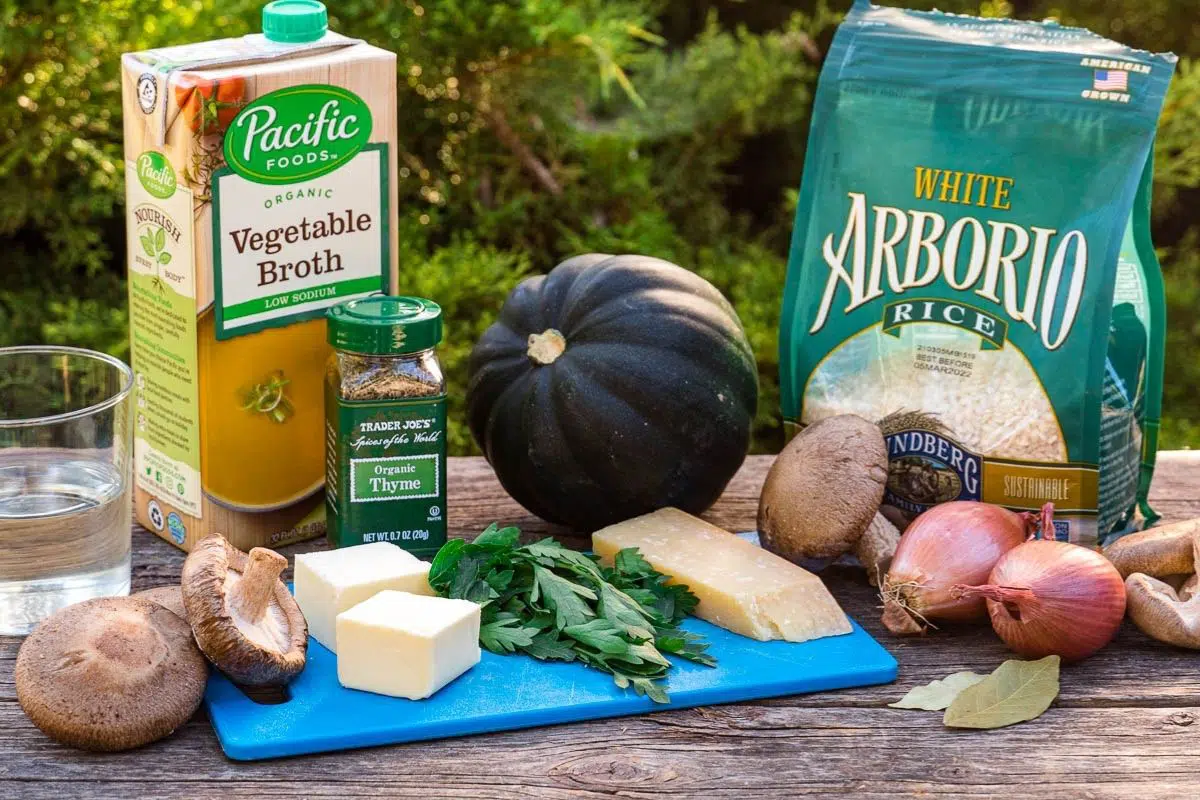 Ingredients for squash risotto on a camp table