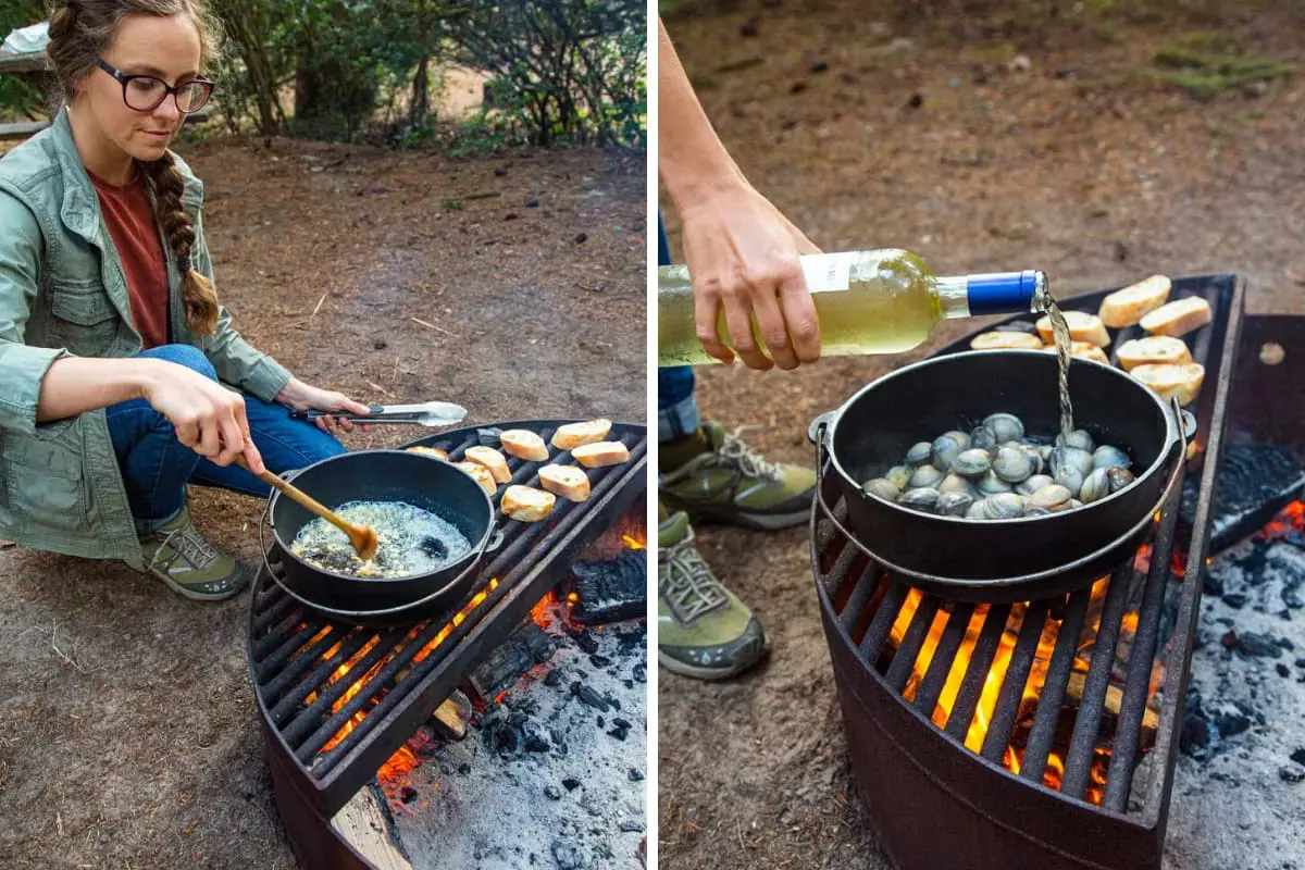 First picture shows Megan sautéing garlic in a Dutch oven over a campfire. Second photo shows Megan pouring wine from a wine bottle into a Dutch oven