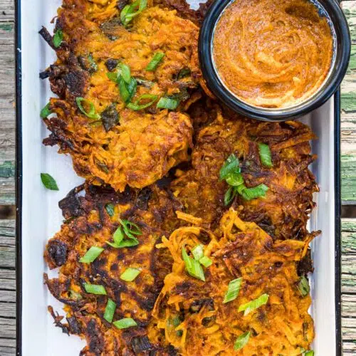Sweet potato fritters in a rectangular serving dish