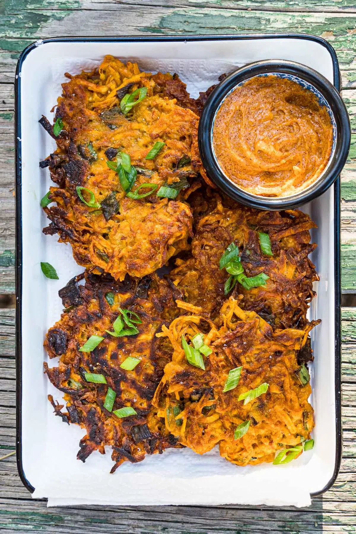 Sweet potato fritters in a rectangular serving dish