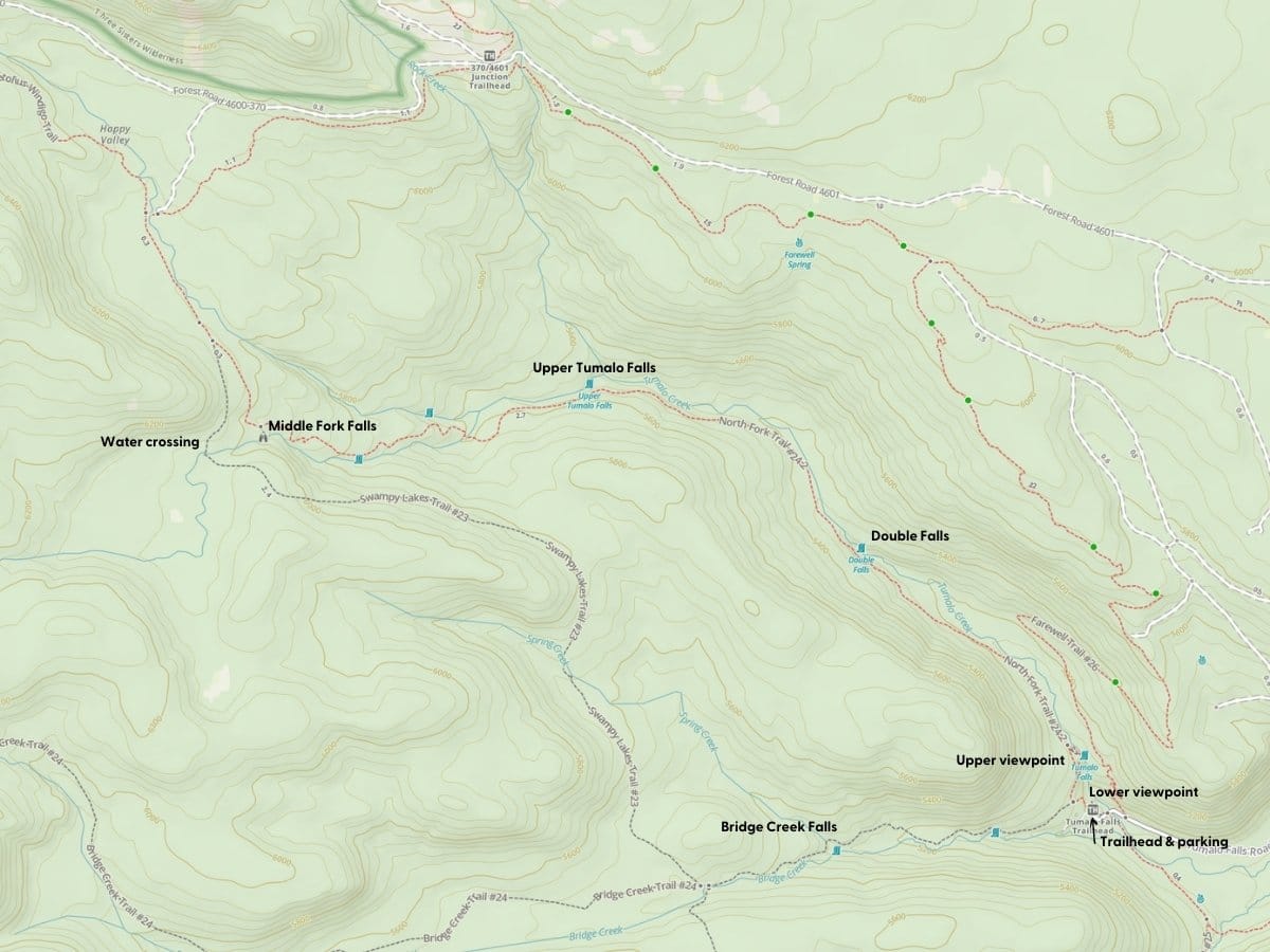 Topographic map of the area surrounding Tumalo Falls