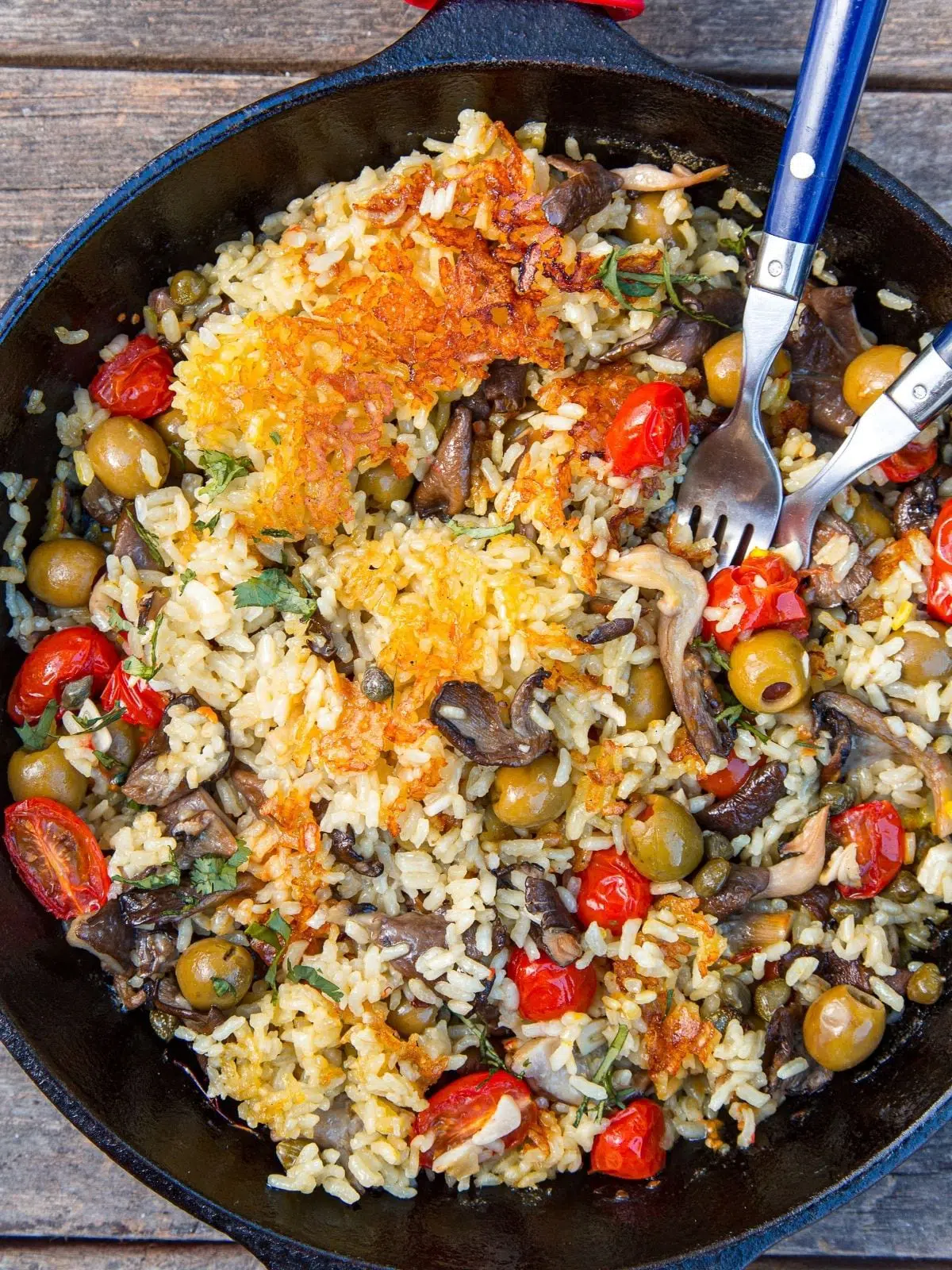 Overhead view of vegan paella in a skillet