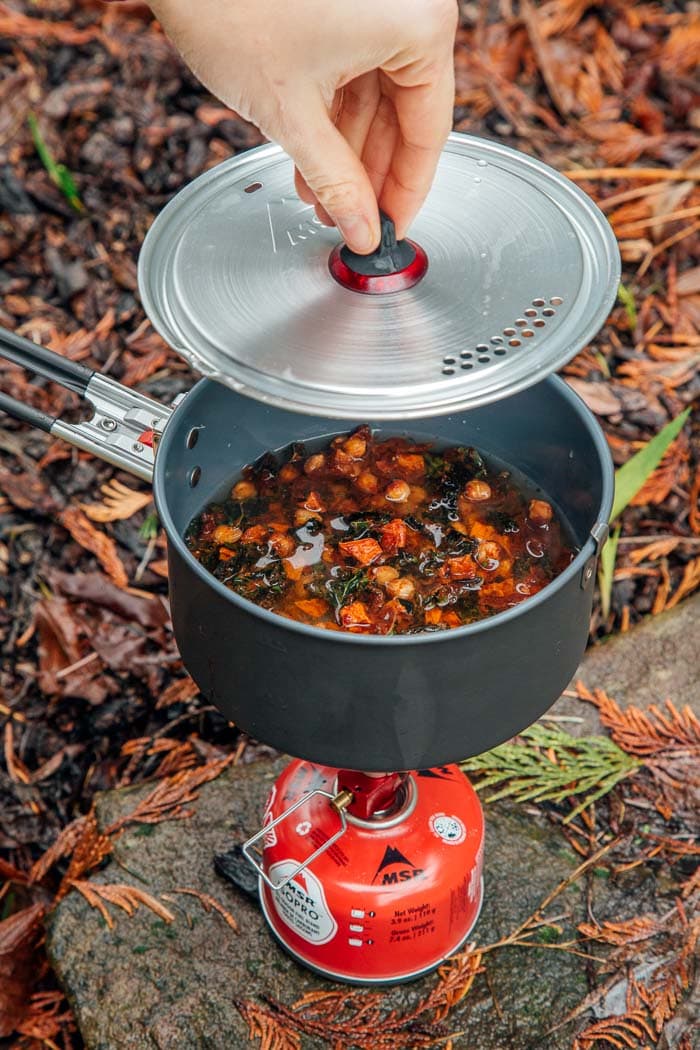 A pot on a red backpacking stove.